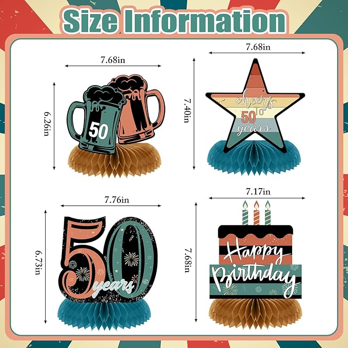 Spakon 8 Pieces Vintage 50th Birthday Table Decorations 50th Birthday Honeycomb Centerpieces Glitter Table Toppers Vintage Party Decorations for Men and Women Party Supplies