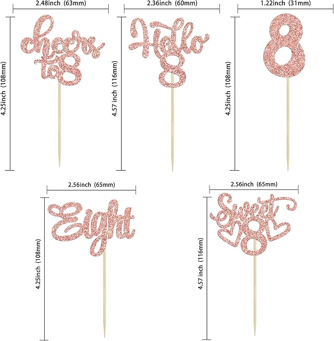 30Pcs 8th Birthday Cupcake Toppers Glitter Eight Hello 8 Cupcake Picks Cheers to 8 Years Old Cake Decorations for 8th Birthday Party Supplies Rose Gold