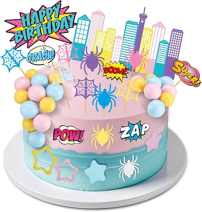 Geelin 61 Pcs Spider Birthday Cake Topper Pink Spider Girl Cupcake Topper Pastel Party Supplies Cartoon Party Decorations Balls Webs Stars City Cake Border Decor for Girls Boys Birthday Baby Shower