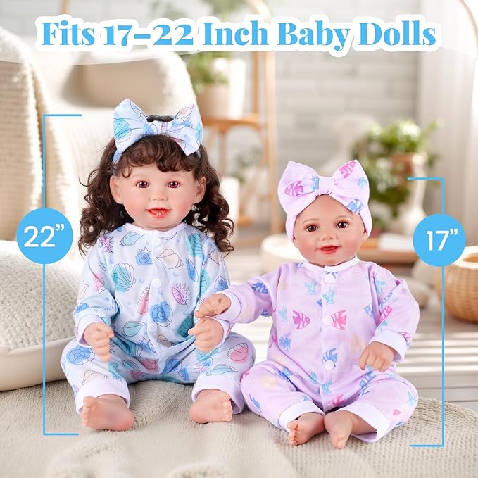 BABESIDE 5 Sets of Reborn Baby Doll Clothes with Doll Headband for 17-22 Inch Dolls, Realistic Baby Doll Clothes and Accessories Set with Various Cute Patterns for Real Life Baby Dolls