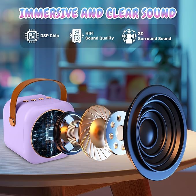 Mini Karaoke Machine with 2 Wireless Microphones, Portable Bluetooth Speaker for Kids & Adults, Ideal Birthday for Girls Boys Ages 3-12, Home Party Travel Entertainment Toy (Purple)