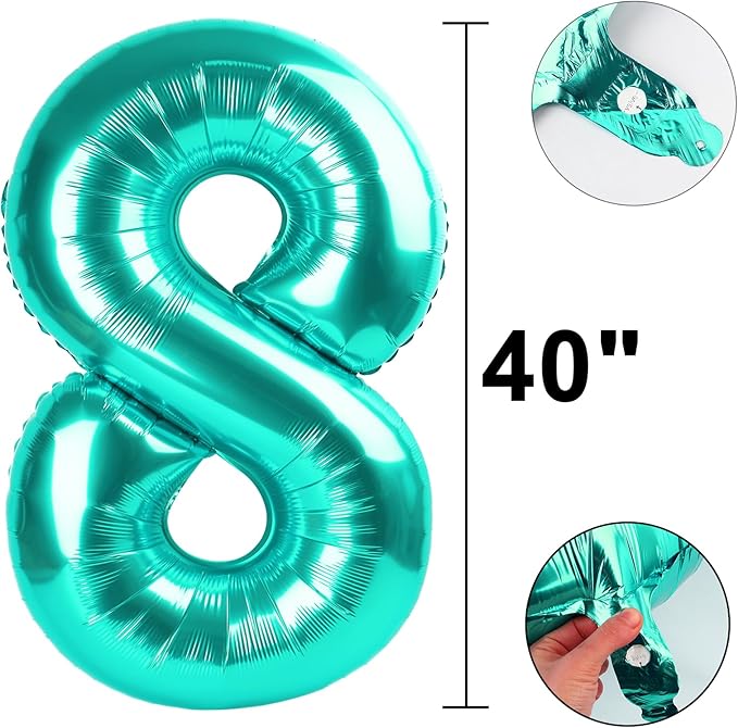 40 Inch Giant Teal Blue Foil Number 8th 18th 28th Birthday Balloons Teal Digit 8 Balloons for Men Women 80th Anniversary Party Decorations Supplies