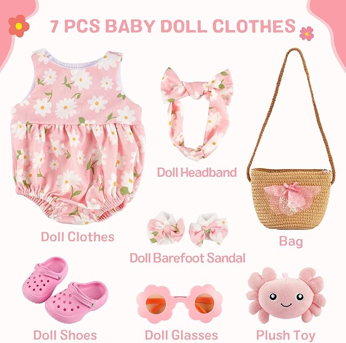 BABESIDE 16-20 Inch Reborn Baby Doll Clothes Set with 16 Inch Doll Shoes for Reborn Dolls, Summer Floral Babydoll Clothes with Bag Headband for Realistic Baby Dolls Accessories, Pink