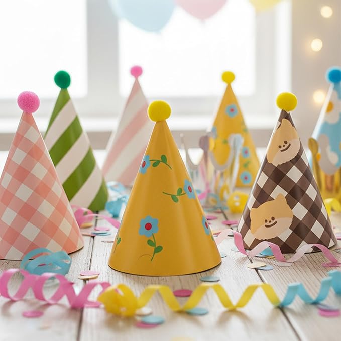 Olen Party Hats for Kids Birthday, 11 Pack Birthday Hats with Pom Poms, Paper Cone Caps for Stuffed Animals, Party Crown Caps Set, Small Celebration Accessories for Girls Boys Toddlers
