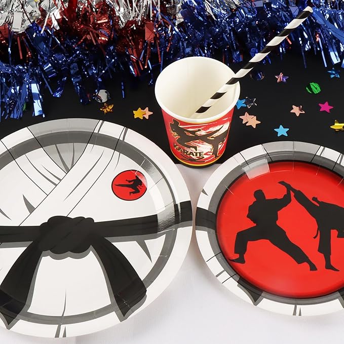 Karate Birthday Party Decorations, 120Pcs Karate Themed Party Supplies Disposable and Dynamic Tableware Includes Paper Plates, Napkins, Cups and Straws | Serves 24