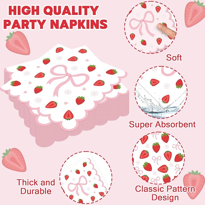 96Pcs Strawberry Party Plates and Napkins Bow Berry Sweet Scalloped Birthday Plates Party Supplies Pink Coquette Strawberry Tableware for Girls Baby Shower Wedding Birthday Decor 24 Guests