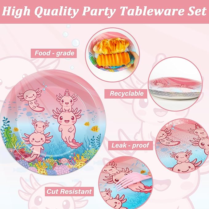 96pcs Pink Axolotl Plates and Napkins Party Supplies Reptile Animals Tableware Set Girl Axolotl Party Decorations Favors for Pink Axolotl Birthday Baby Shower Serves 24 Guests
