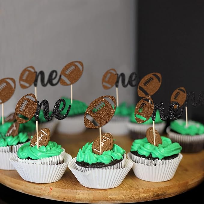 24PC Football 1st Birthday Cupcake Toppers for Baby Boy,Glitter Sports Football One Cupcake Toppers for First Down Birthday Party Decorations Supplies