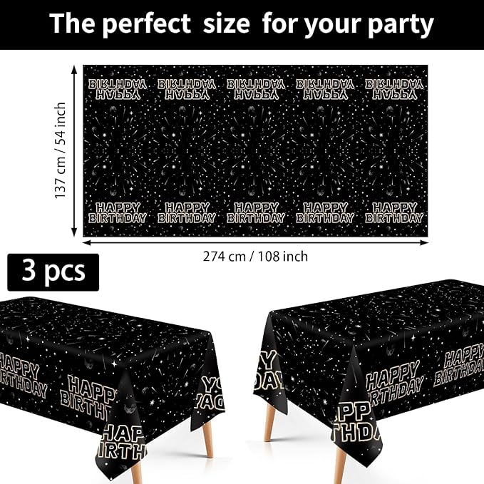 3Pcs Star Galaxy Party Tablecloth Black Galaxy Movie Space Plastic Table Cover Waterproof Black Universe Wars Theme Disposable Table Cloth for Kids Boys Mens Birthday Party Decorations 54 x 108 Inch