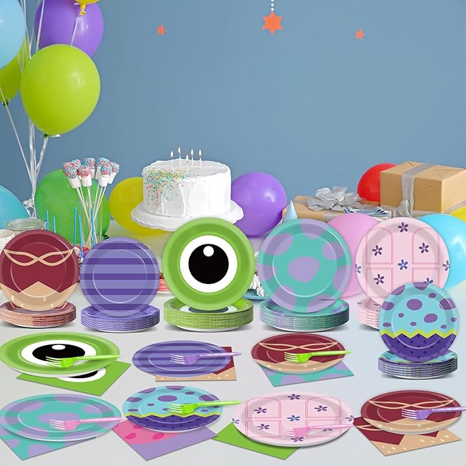 96PCS Monster Birthday Party Plates and Napkins Blue Purple Green Tableware Set Monsters Theme Parties Decor Paper Tableware Set Cartoon Monsters Plates For Monster Themed Baby Shower Party Decoration