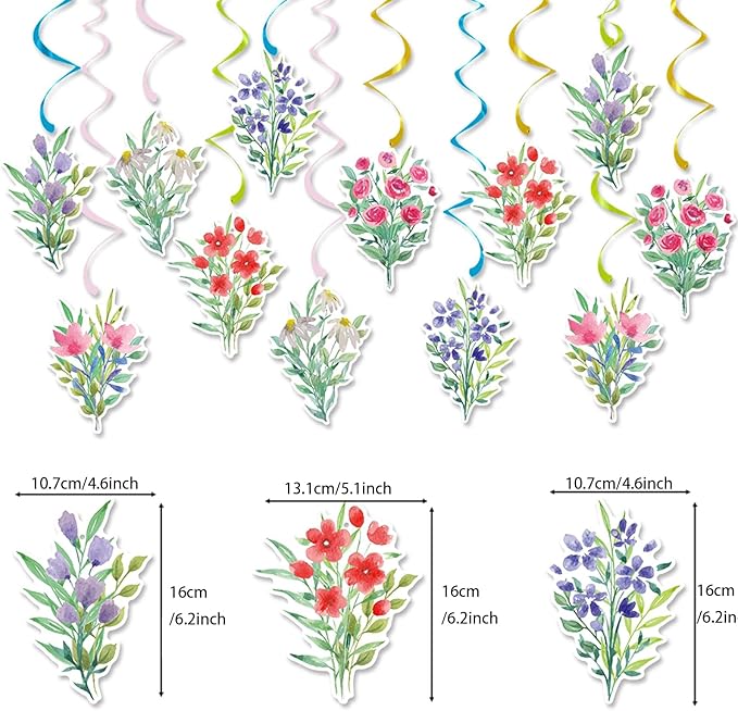 Zwiebeco Multicolored Flowers Happy Birthday Banner Bunting Hanging Paper Swirls Garland Party Decorations for Spring Summer Themed Boys Girls Kids Baby Shower Bday Decor Accessories Supplies