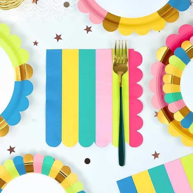 Birthday Party Supplies Disposable 9" Dinner Plates 7" Dessert Plates 6.5" Luncheon Napkins for Birthday Garden Party Afternoon Teas Baby Shower Wedding, Scalloped Edge, Serve 24