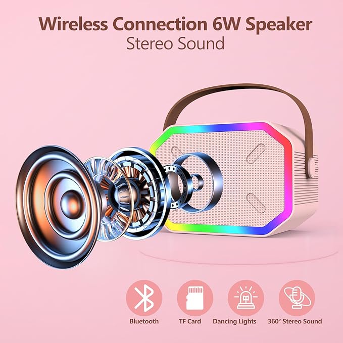 Karaoke Machine for Kids, Portable Bluetooth Speakers with Wireless Microphone Karaoke for Kids and Adults with LED Lights, Gifts for Girls and Boys Birthday Home Party - Pink