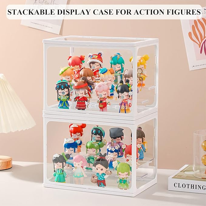 Glass Display Case for Figures with Light 2 Tier Clear Display Stand for Collectibles Stackable Assemble Display Box for Action Figures Toys Dustproof Clear Storage Box Showcase for Pop Mart(1 Pack)