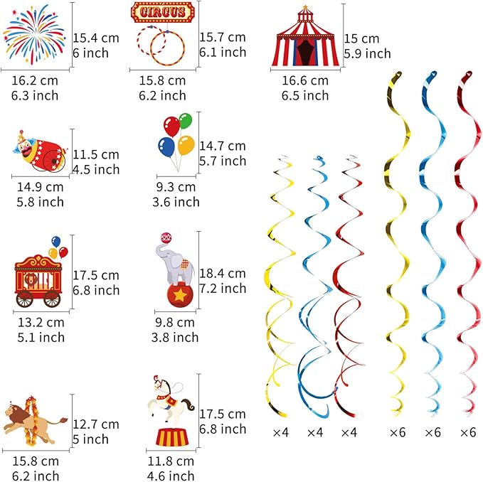 Carnival Hanging Swirl Set Party Decorations, 48 Pcs, Circus Joker Balloon Party Supplies Sign,Red Blue Yellow