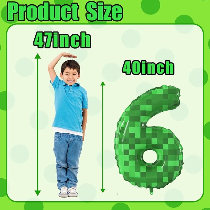40 Inch Green Pixel Miner Theme Number Balloons Large Birthday Party Number Balloons Mining Gaming for Kids Birthday Party Decoration Supplies (Number 6)