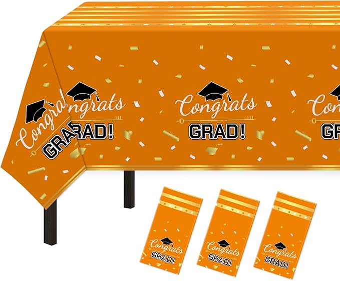 Childom 3 Pack Graduation Tablecloth,Graduation Decorations Class of 2026 Graduation Party Decorations,54"x108" Orange and Gold Plastic Table Cloth Disposable Rectangle for Home,School,Party Supplies