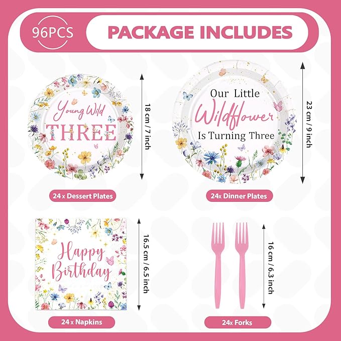 96Pcs Wildflower 3rd Birthday Decoration Our Little Wildflower Is Turning Three Plates and Napkins Spring Flower Third Birthday Decoration for Girl Floral Three Years Old Bday Party Supplies Serve 24