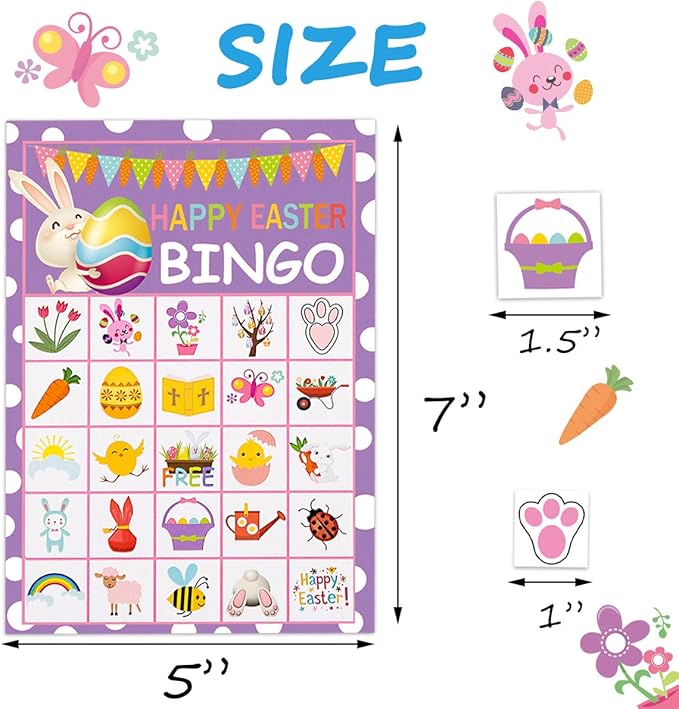 Easter Crafts for Kids, Easter Games for Kids, Easter Bingo, Fun Easter Bunny Bingo Cards for 24 Players, Easter Activities, Easter Party Supplies Favors for Family School Classroom
