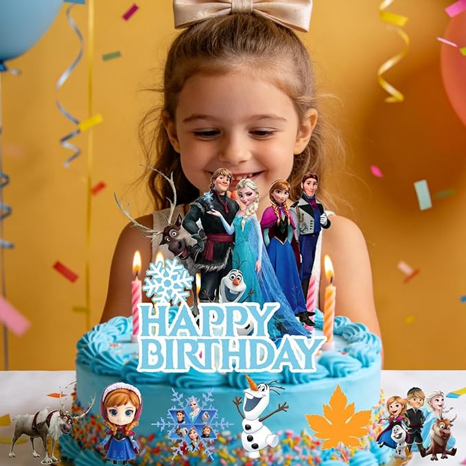 7Pcs Cute Blue Princess Birthday Cake Decorations，1 Large, 6 Small Snow Theme happy Birthday Cake Toppers，For Ice Birthday Party Supplies (B)
