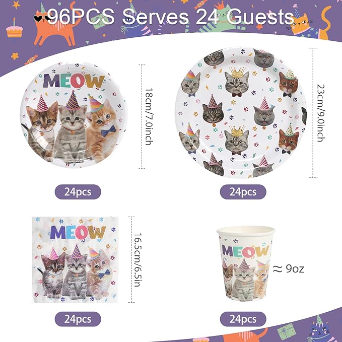 96Pcs Cat Birthday Party Supplies Pet Cat Paper Plates and Napkins and Cups Baby Shower Kids Birthday Tea Party Decorations, Serves 24