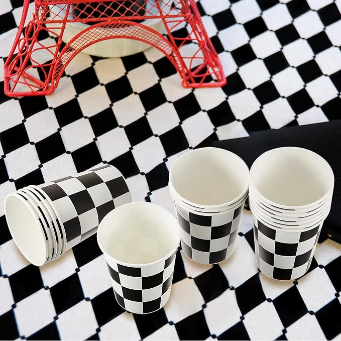 Cunhill 36 Pieces Checkered 9 oz Paper Flag Race Car Cups Party Supplies Black and White Cups Bulk Disposable Beverage for Checkered Themed Birthday Party Decorations