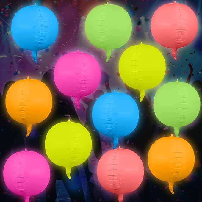 12 Pcs 22 Inches Round Glow in The Dark Neon Balloons Glow Party Supplies Neon Foil Balloons 90 80s Hip Hop for Christmas Happy New Year Birthday Wedding Anniversary Backdrop Decor