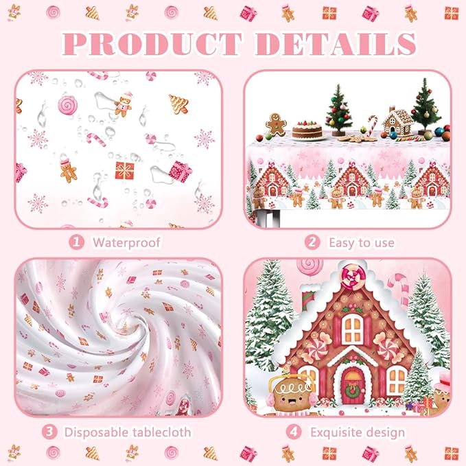 3 Pcs Pink Gingerbread Christmas Tablecloth - Gingerbread Man House Winter Cookie Plastic Table Cover for Family Holiday Decoration - 108 x 54 Inch