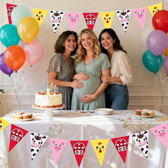HESTYA 5 Pack 49 Ft Farm Animals Birthday Banner Pre-Strung Red Gingham Barnyard Decorations Cartoon Pig Cow Chick Triangle Flags Bunting Garland for Baby Shower Farmhouse Birthday Party Supplies