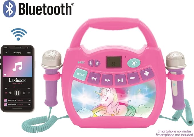 LEXiBOOK Unicorn - Portable Karaoke Digital Player for Kids – Microphones, Light Effects, Bluetooth, Record and Voice Changer Functions, Rechargeable Battery, Pink, MP320UNIZ