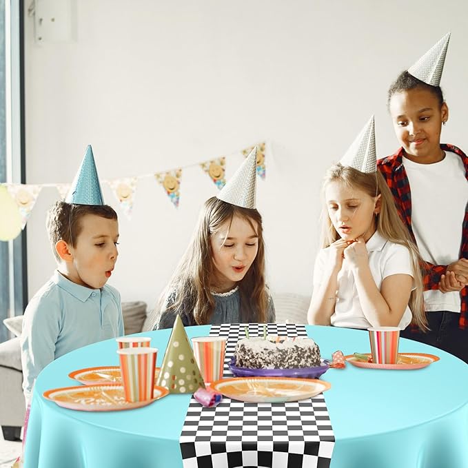 Oudain Cars Birthday Racing Decorations - Round Tablecloth, Checkered Flag Table Covers, Road Plastic Table Cloth, 1950s Disco Dancing Party Tablecloth (Blue,6 Pcs)