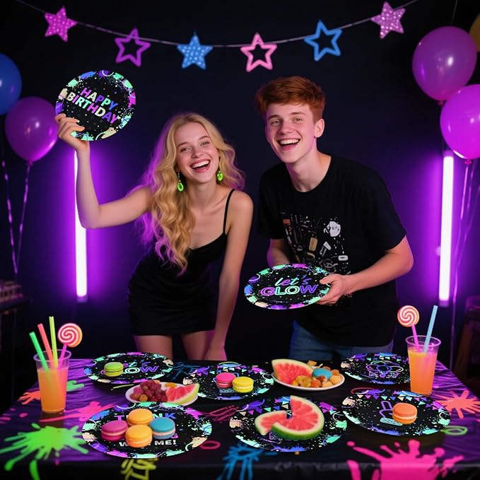 60 Pcs Neon Plates, 9'' Neon Party Decorations Paper Plates for Glow in the Dark Party Supplies Let's Glow Decor