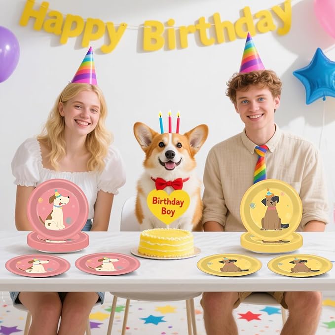 60pcs Pet Dog Birthday Party Supplies Vintage Puppy Paper Plates 7 Inch Retro Puppy Face Dessert Plates Cute Dog Themed Table Decorations Tableware for Kids Birthday Baby Shower Disposable Party Favor