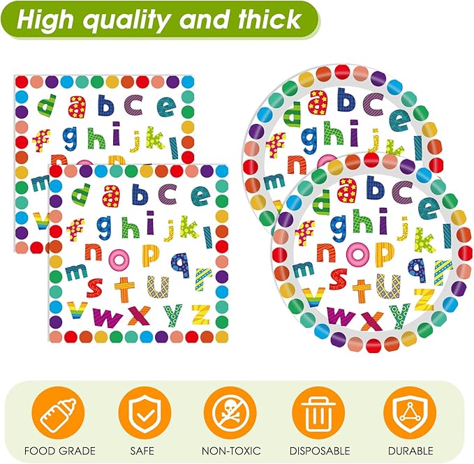 41Pcs Colorful ABC Birthday Party Decorations Alphabet Colorful Party Supplies ABC Rainbow Dots Plates Napkins Tablecloth丨Kids Birthday Educations Party Classroom First Day School Party,Serv 20
