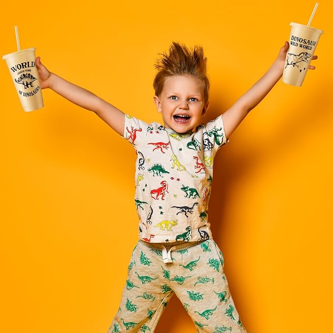 Mifoci 24 Pcs Dinosaur Party Favor 24 oz Plastic Cup with Lids and Straws Set Kids Reusable Dinosaur Cup Decorations for Beverage Birthday Party Dino Supplies (Khaki)