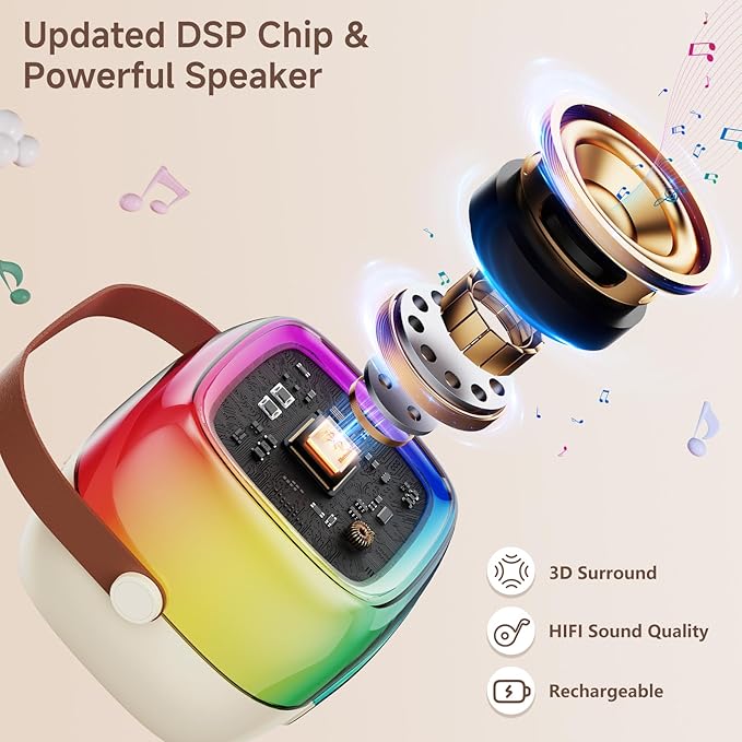 JYX Mini Karaoke Machine for Kids Adults, Portable Bluetooth Speaker with 2 Microphones, Support TF/AUX Input/4 Funny Magic Voice (Rainbow-1 Mic)