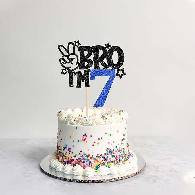 1 PCS Brother I'm 7 Cake Topper Glitter Star Happy 7th Birthday Cake Pick Bro I'm 7 Cake Decoration It's My 7th Birthday Decorations for Boys Cheers to 7 Years Old Birthday Party Supplies Blue