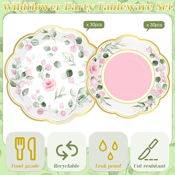 60 Pcs Eucalyptus Paper Plates 9 in and 7 in Pink Dessert Party Plates with Gold Rim Disposable Floral Shape Tableware for Wedding Birthday Party Baby Shower Bridal Shower