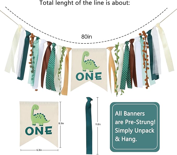 Dinosaur 1st Birthday High Chair Banner - Baby Boy First Highchair Banner for Party Supplies, Dinosaur Themed One High Chair Garland Birthday Party Decorations, Cake Smash Photo Props