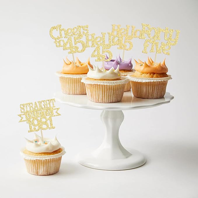 Ephlyn 24Pcs 45th Birthday Cupcake Toppers Glitter Straight Outta 1981 Cupcake Picks Hello 45 Cheers to 45 Years Cake Decorations for 45th Birthday Anniversary Party Decorations Supplies Gold