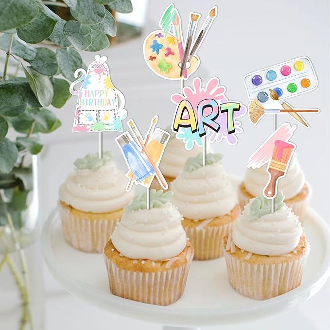 Art Birthday Party Decorations Girl - 24pcs Art Paint Party Cupcake Toppers, Pastel Rainbow Art Birthday Party Cake Decor for Crayon Painting Drawing Artist Birthday Party Supplies