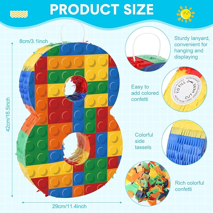 Number 8 Building Blocks Piñata 16.5 Inch Party Supplies 8th Birthday Party Decorations Piñata with Confetti Blocks Theme Fiesta Anniversary Celebration
