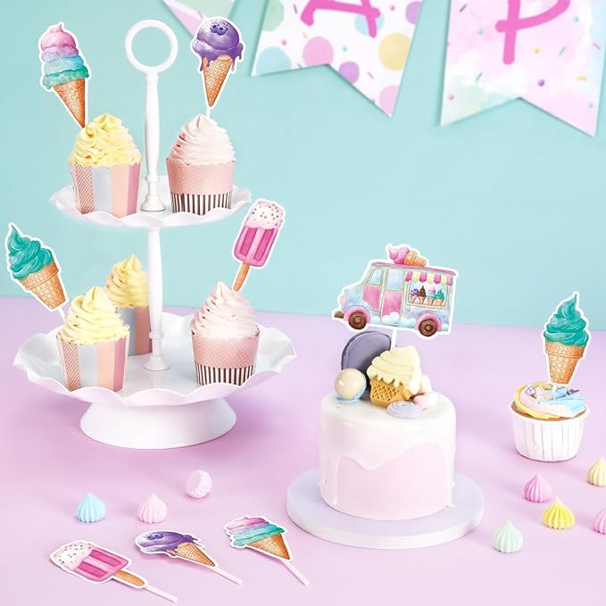 WERNNSAI 35 PCS Ice Cream Cupcake Toppers - Ice Cream Summer Birthday Party Cake Decorations for Kids Girls Ice Cream Cake Toppers Picks Sweet Cake Decors Summer Birthday Party Supplies