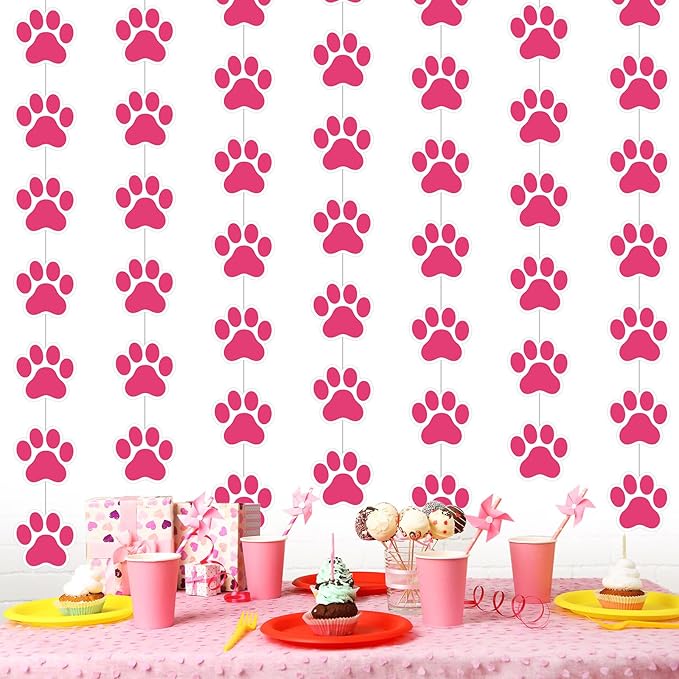 Duraaamo 8 Packs Dog Party Banner Decorations Pink Paw Print Paper Garland Dog Birthday Hanging Cutouts Paw Banners for Lets Pawty Pet Birthday Baby Shower Party Supplies Decor