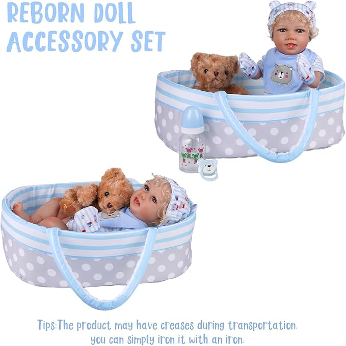 BABESIDE Reborn Baby Doll Accessories for 17–22 Inch Dolls,13 Pcs Baby Doll Clothes and Bear Gift Set Includes Bassinet, Doll Clothes, Pacifier, Bottle, Bear Toy for Kids Ages 3+