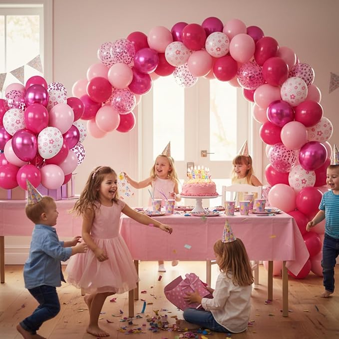 Hot Pink Balloons, 50Pcs 12 Inch Macaron Metallic Pink White Flower-Printed Magenta Confetti Birthday Balloons for Girls Women Birthday Princess Theme Party Decorations Bridal Baby Shower Wedding