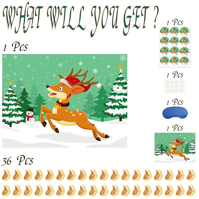Morcheiong Pin The Tail on The Deer Christmas Game with 36 Tails, Christmas Party Favors Activities Supplies Decorations for Kids