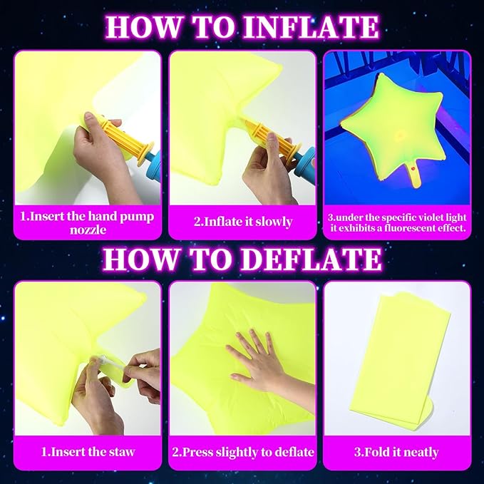 12Pcs Glow in The Dark Party Supply Neon Star Balloons Kit Star Shaped Neon Foil Balloons Blacklight Reactive Balloon for Arche Garland UV Blacklight Birthday Wedding Anniversary Graduation Party