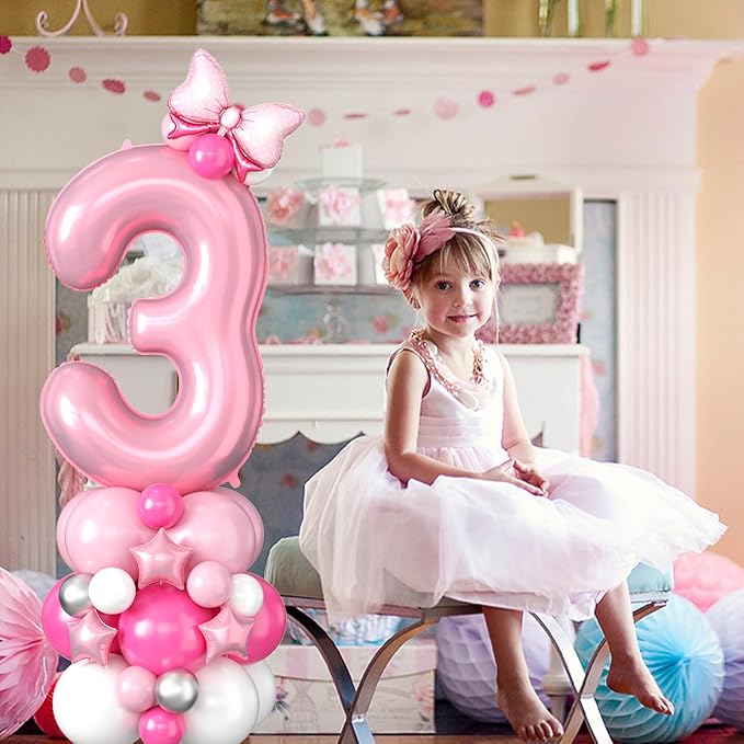 40 Inch Pink Number 3 Balloon for 3rd Birthday Decoration Pastel Baby Pink Number Three Foil Balloon Tower Giant Large Digit Hot Pink White Helium Balloons Stack for Girl Third Anniversary Party