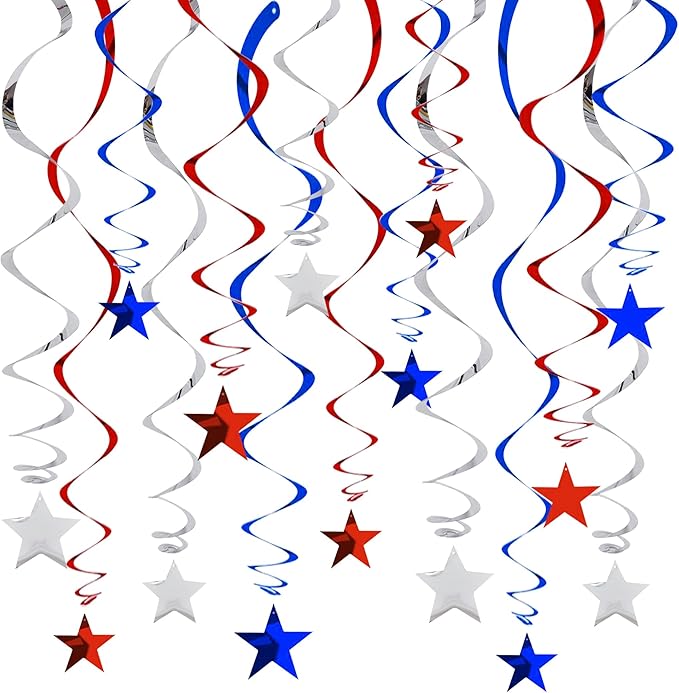 BEISHIDA Red Blue Silver Star Hanging Swirl Decorations,July 4th Hanging Party Supplies for July 4th Graduation Wedding Baby Shower Birthday Decorations,Pack of 15